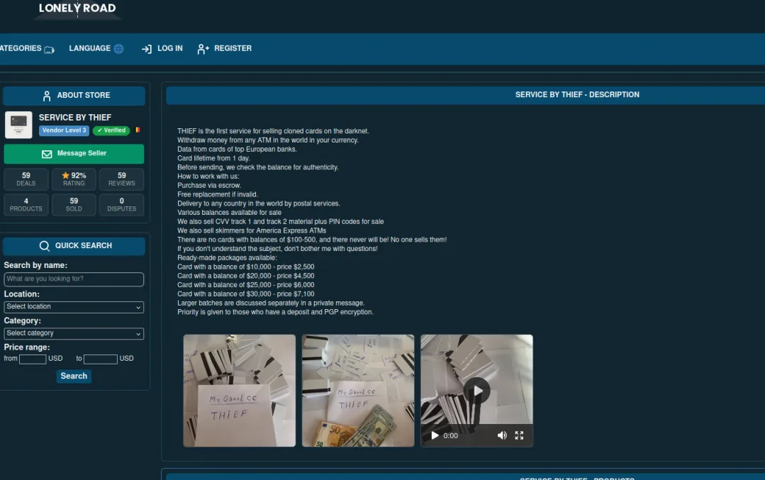 Darknet website selling cloned credit cards